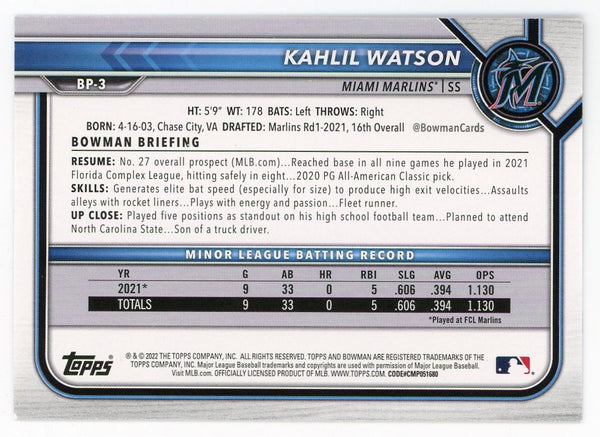 Kahlil Watson 2022 Topps 1st Bowman Purple #BP-3 Card 159/250
