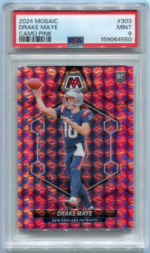 Drake Maye 2024 Panni Mosaic Pink Camo Prizm RC #303 PSA Graded 9