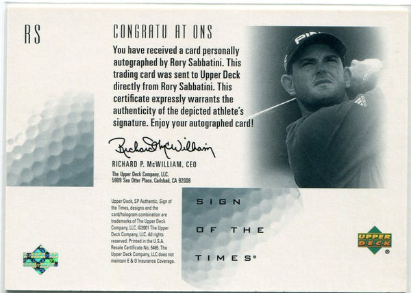 Rory Sabbatini 2001 Upper Deck SP Authentic Autographed Card #RS
