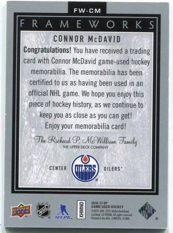 Connor McDavid 2016 - 2017 Upper Deck SP Game Used Jersey Card #FW-CM