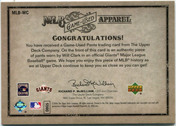Will Clark 2006 Upper Deck Artifacts MLB Game-Used Apparel Jersey Card #MLB-WC 188/250