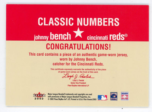 Johnny Bench 2003 Fleer Flair Greats Classic Numbers Patch Relic