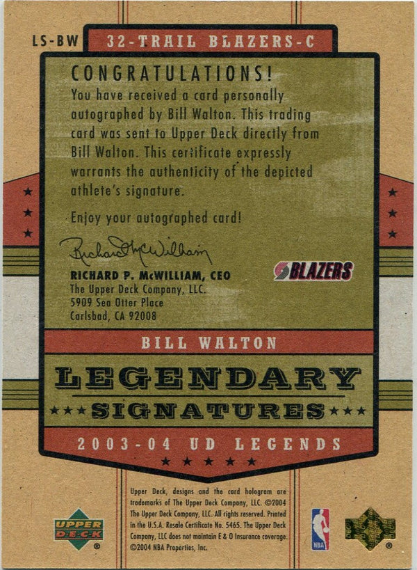 Bill Walton 2003 - 2004 Upper Deck Legends Legendary Signatures Autographed Card #LS-BW