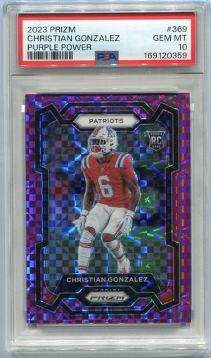 Christian Gonzalez 2023 Panni Prizm Purple Power Prizm RC #369 47/49 PSA Graded 10
