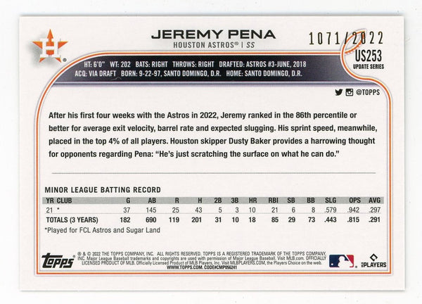 Jeremy Pena 2022 Topps Updated Series #US253 Card 1071/2022