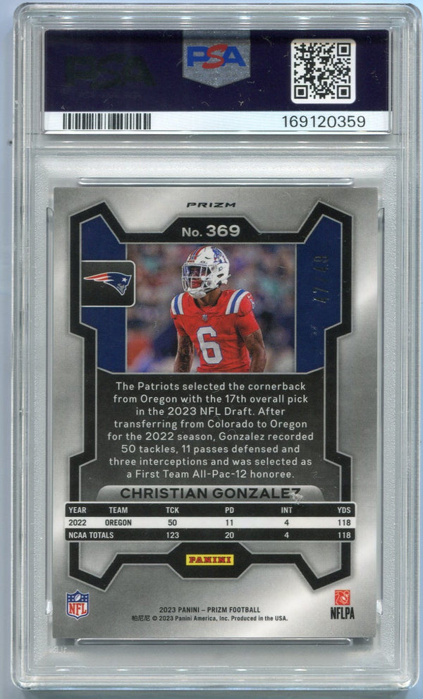 Christian Gonzalez 2023 Panni Prizm Purple Power Prizm RC #369 47/49 PSA Graded 10