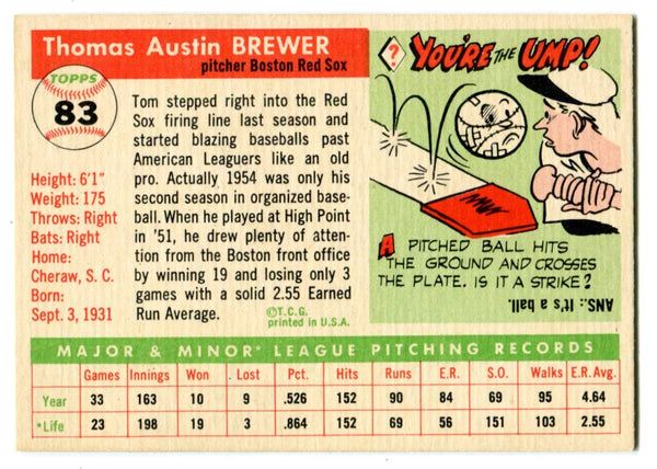 Tom Brewer 1955 Topps #83 Card