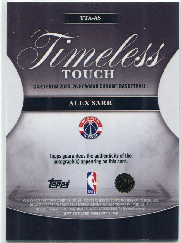 Alex Sarr 2025 - 2026 Bowman Chrome Timeless Touch Autographed Card #TTA-AS