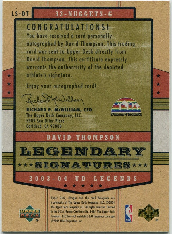 David Thompson 2003 - 2004 Upper Deck Legends Legendary Signatures Autographed Card #LS-DT