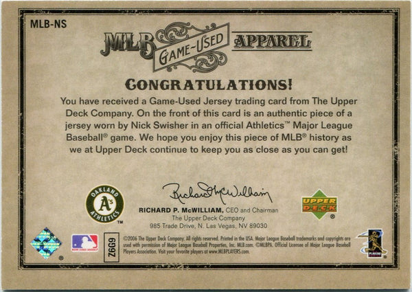 Nick Swisher 2006 Upper Deck Artifacts MLB Game-Used Apparel Jersey Card #MLB-NS 167/325