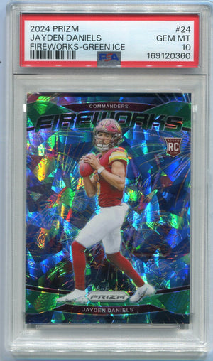 Jayden Daniels 2024 Panini Prizm Fireworks Green Cracked Ice Prizm RC #24 PSA Graded 10