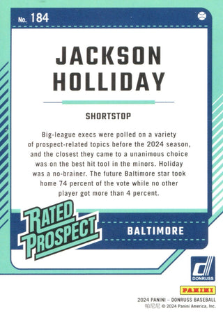 Jackson Holliday 2024 Donruss Rated Prospect Card #184