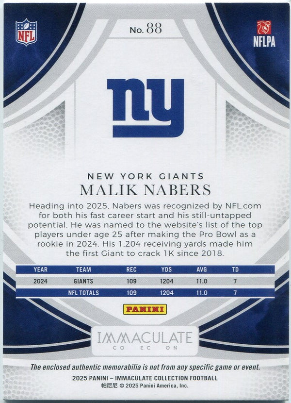 Malik Nabers 2025 Panini Immaculate Collection Jersey Ruby Parallel Card #88 6/75