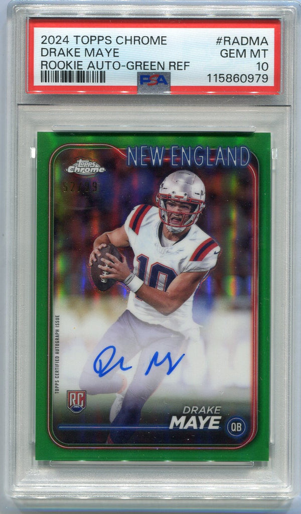 Drake Maye 2024 Topps Chrome AUTO Green Refractor Variation RC #RA-DMA 52/99 PSA Graded 10
