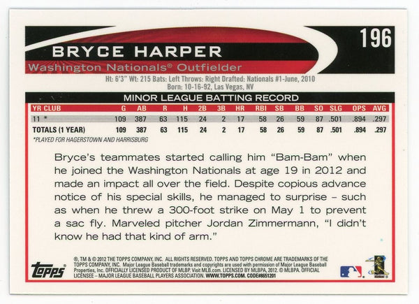 Bryce Harper 2012 Topps Chrome Silver #196 Card