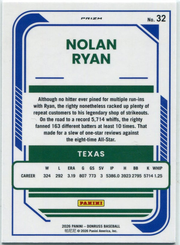 Nolan Ryan 2026 Panini Donruss Optic Black Circles Prizm Card #32