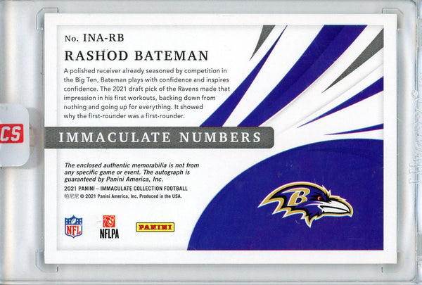 Rashod Bateman Autographed 2021 Panini Immaculate Collection Rookie Numbers Patch Card #INA-RB