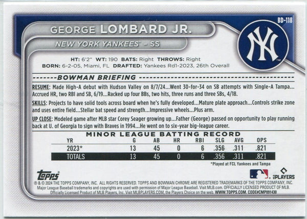 George Lombard Jr. 2024 Bowman Draft RC #BD-118