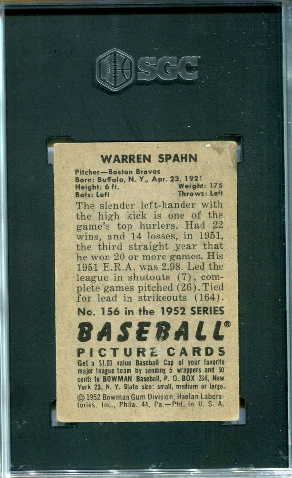 Warren Spahn 1952 Bowman #156 SGC 3 Card