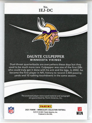 Daunte Culpepper Autographed 2021 Panini Immaculate Collection Eye Black Jersey Patch Card #IEJ-DC