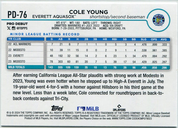 Cole Young 2024 Topps Pro Debut RC #PD-76