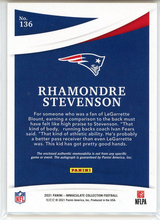 Rhamondre Stevenson Autographed 2021 Panini Immaculate Collection Rookie Patch Card #136