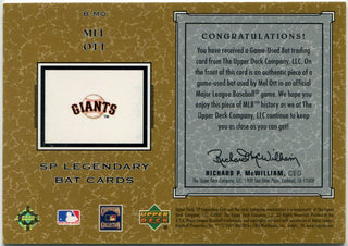 Mel Ott 2001 Upper Deck Legendary Cuts Bat Relic Card #B-MO