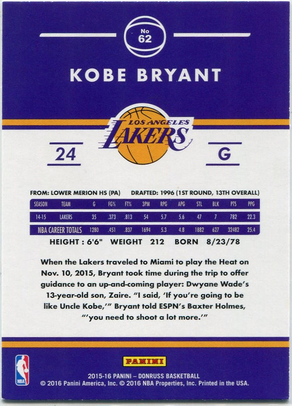 Kobe Bryant 2015 - 2016 Panini Donruss Card #62