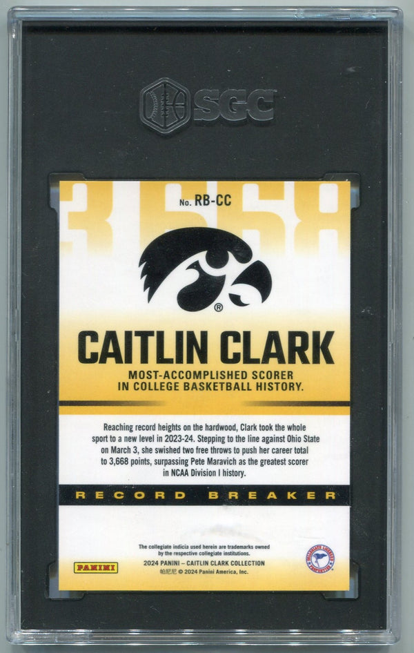 Caitlin Clark 2024 Panini Caitlin Clark Collection Record Breaker Card #RB-CC SGC Graded 10