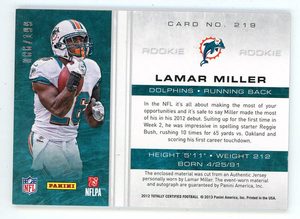 Lamar Miller 2012 Panini Totally Certified Autograph Patch Relic Rookie Card #219