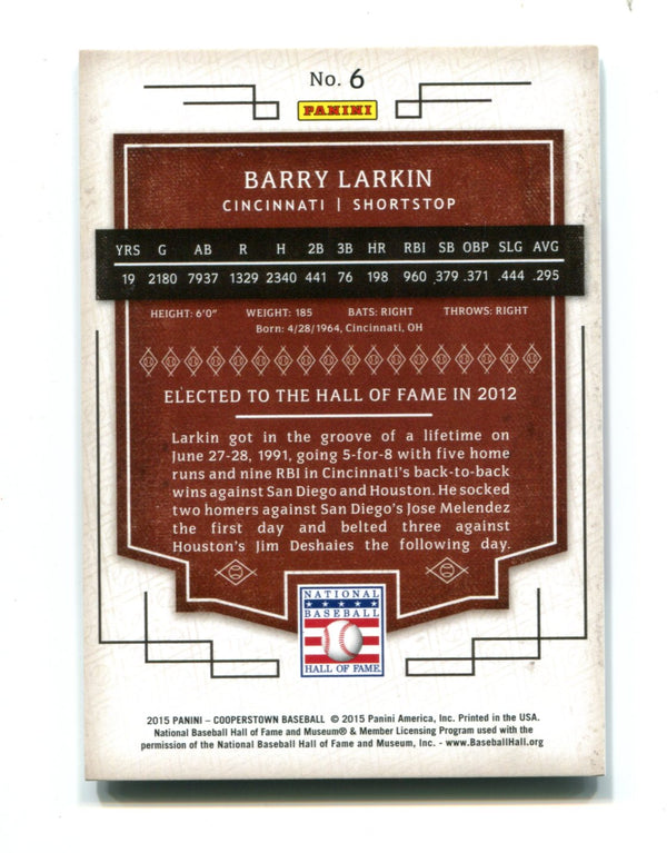 Barry Larkin 2015 Panini Cooperstown #6 01/35 Card