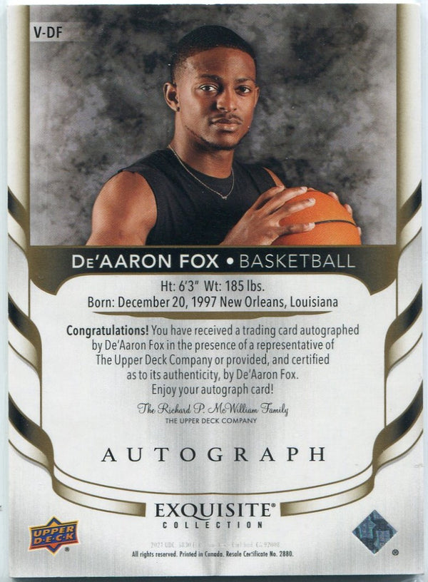 De'Aaron Fox 2024 Upper Deck Goodwin Champions Exquisite Autographed Card #V-DF 5/10