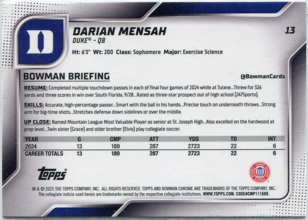 Darian Mensah 2025 Bowman Chrome U Pink Lava Refractor RC #13