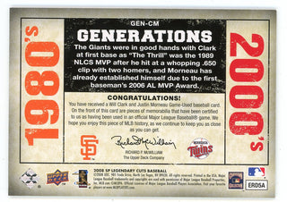 Will Clark/ Justin Morneau 2008 Upper Deck SP Legendary Cuts Patch Relics #GEN-CM