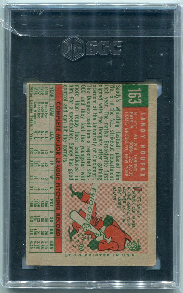 Sandy Koufax 1959 Topps Card #162 SGC Graded 2