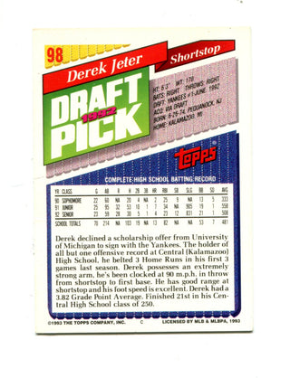 Derek Jeter 1993 Topps Draft Pick #98 Card