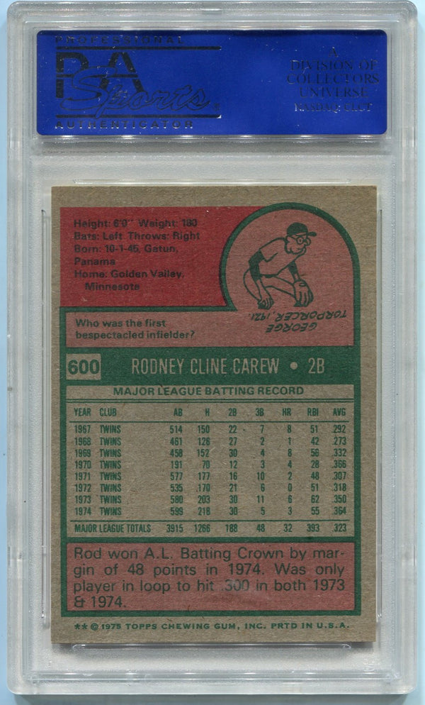 Rod Carew 1975 Topps Card #600 PSA Graded 6