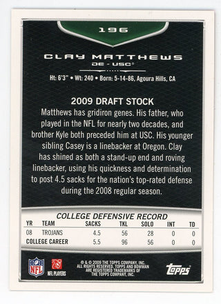 Clay Matthews 2009 Topps Bowman Rookie Card #196