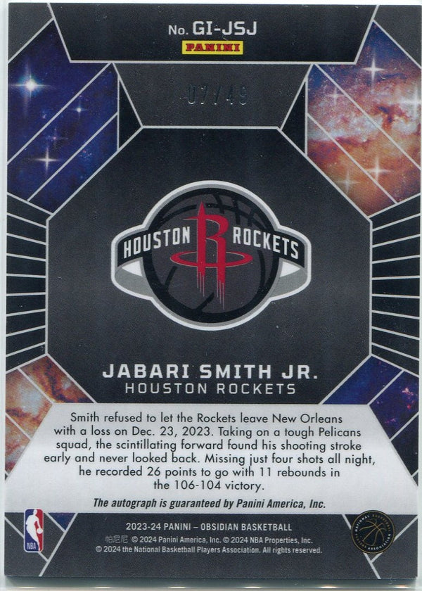 Jabari Smith Jr. 2023 - 2024 Panini Obsidian Galaxy Ink Autographed Purple Flood Parallel Card #GI-JSJ 7/49