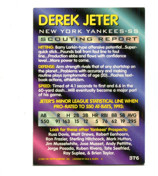 Derek Jeter 1994 Topps Scouting Report #376 Card