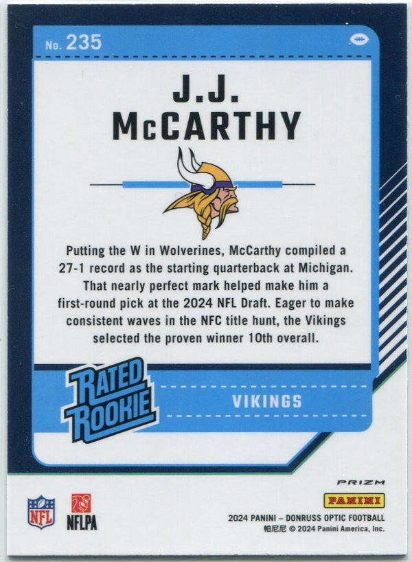 JJ McCarthy 2024 Panini Donruss Optic Rated Rookie Pink Prizm RC #235