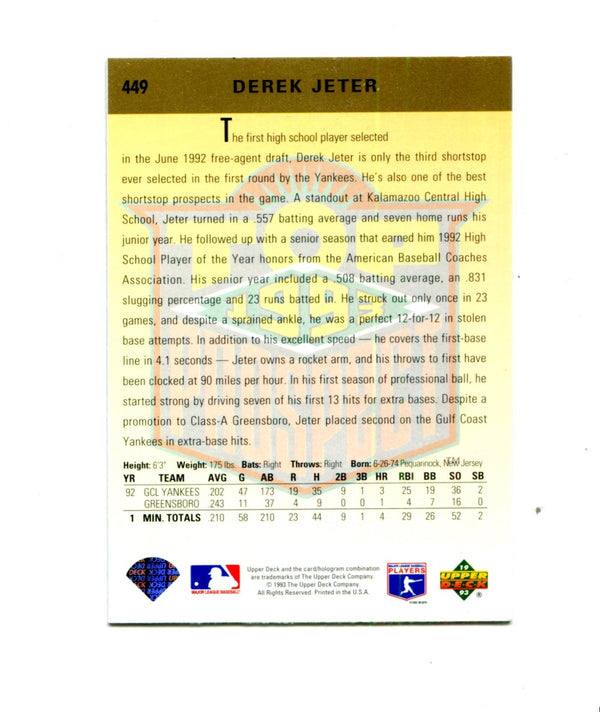 Derek Jeter Rookie Card 1993 Upper Deck #449