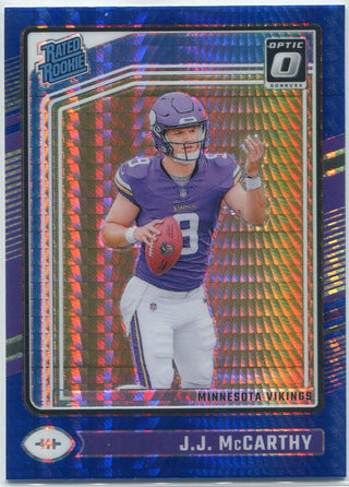 JJ McCarthy 2024 Panini Donruss Optic Rated Rookie Blue Hyper Prizm RC #235