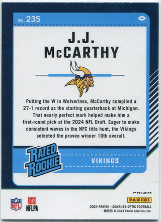 JJ McCarthy 2024 Panini Donruss Optic Rated Rookie Blue Hyper Prizm RC #235