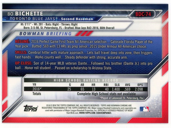 Bo Bichette 2016 Topps 1st Bowman Chrome #BDC-74 Card