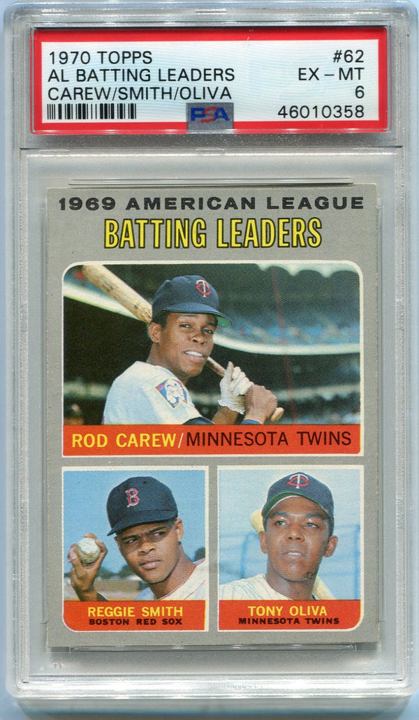 1970 Topps 1969 AL Batting Leaders Rod Carew/Reggie Smith/Tony Oliva Card #62 PSA Graded 6
