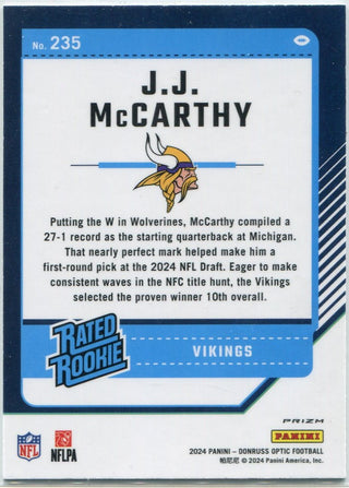 JJ McCarthy 2024 Panini Donruss Optic Rated Rookie Green Velocity Prizm RC #235