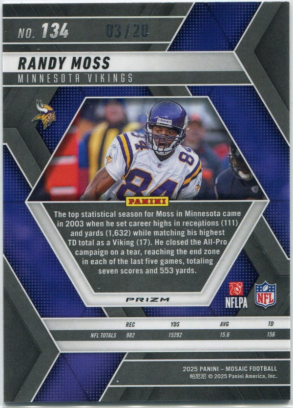 Randy Moss 2025 Panini Mosaic Pink Disco Prizm Card #134 3/20