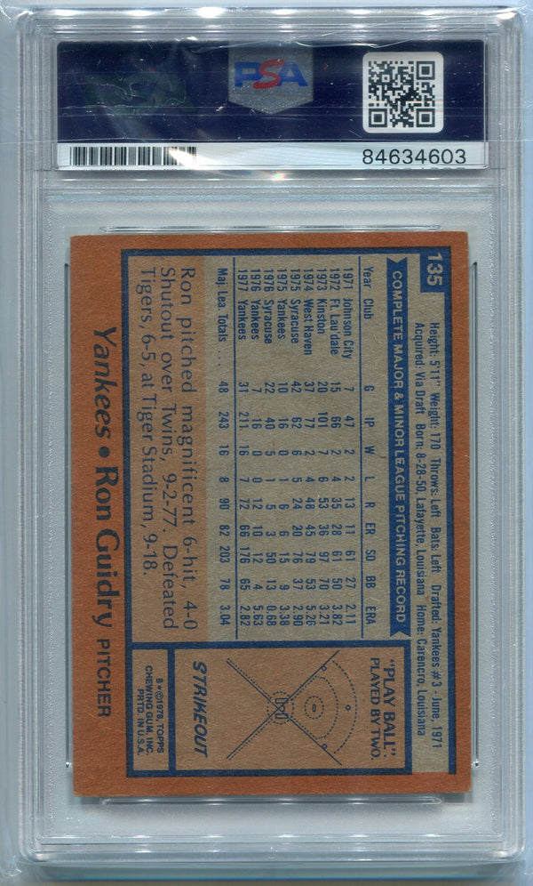 Ron Guidry 1978 Topps Autographed Card PSA Authenticated