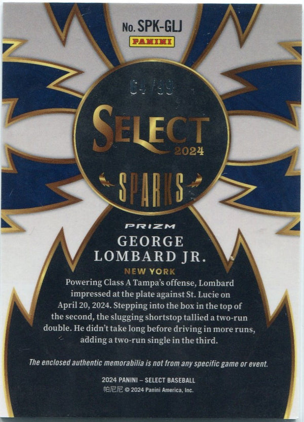 George Lombard Jr. 2024 Panini Select Sparks 2 Color Patch Red Prizm RC #SPK-GLJ 64/99